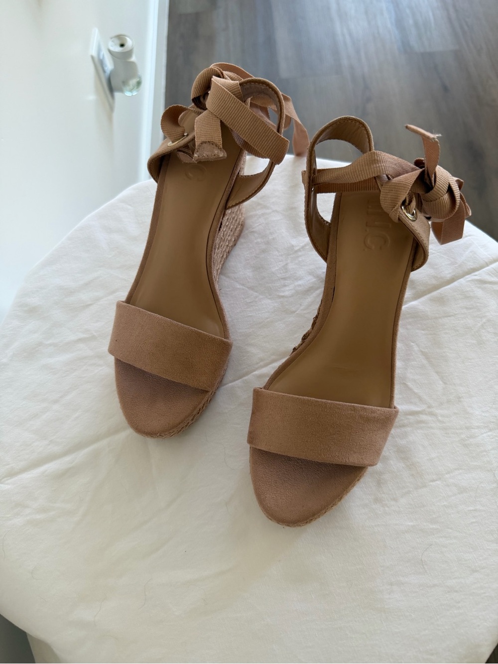 204. INC International Concepts Tan Wedge Sandals with Ankle Tie - Picture 3 of 4